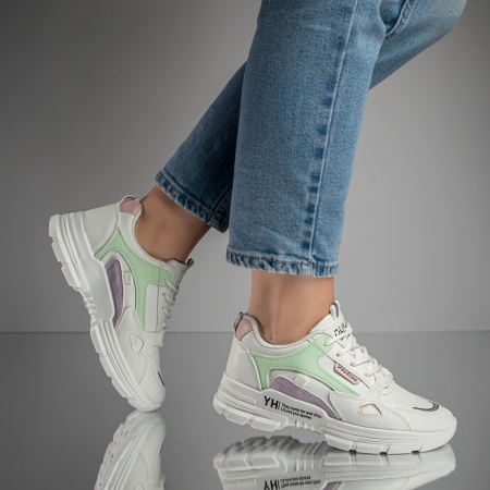 Pantofi sport dama albi cu verde MOD11070, 2, modlet.ro