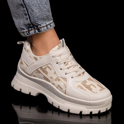 Pantofi sport dama bej cu siret si talpa groasa MOD05859