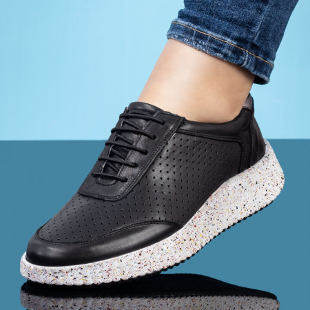 Plateste Jumatate!, Pantofi sport dama cu perforatii negri din Piele naturala MOD08455, modlet.ro