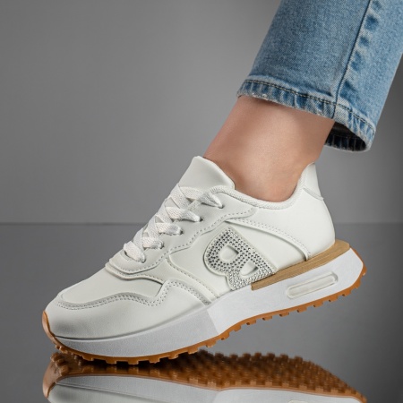 REDUCERI INCALTAMINTE, Pantofi sport dama cu siret si aplicatii cu pietre albi MOD11768, modlet.ro