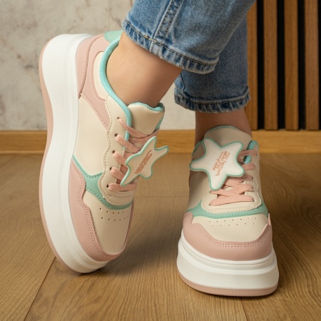 Adidasi dama, Pantofi sport dama cu siret si talpa groasa alb cu roz MOD13024, modlet.ro