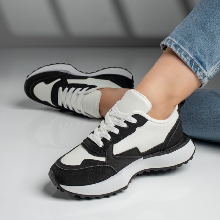 REDUCERI INCALTAMINTE, Pantofi sport dama cu siret si talpa groasa albi cu negru MOD11755, modlet.ro