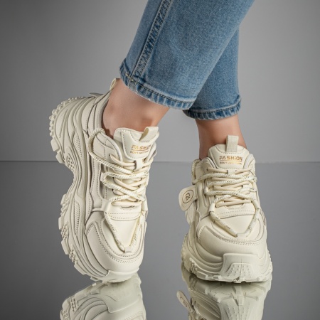 Adidasi dama, Pantofi sport dama cu siret si talpa groasa bej MOD11697, modlet.ro