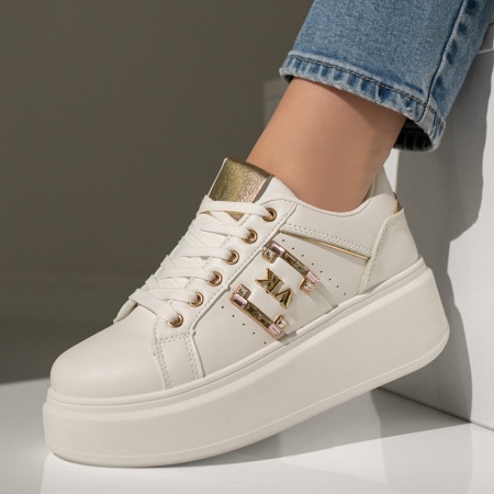 Adidasi dama, Pantofi sport dama cu talpa groasa alb cu auriu MOD12969, modlet.ro