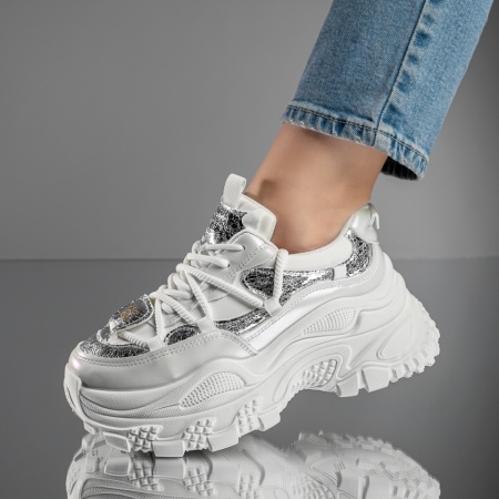 REDUCERI INCALTAMINTE, Pantofi sport dama cu talpa groasa albi cu argintiu MOD11701, modlet.ro