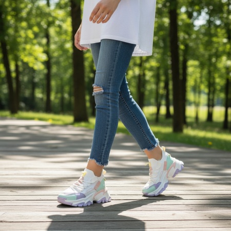 Pantofi sport dama cu talpa groasa albi cu mov MOD09199, 2, modlet.ro