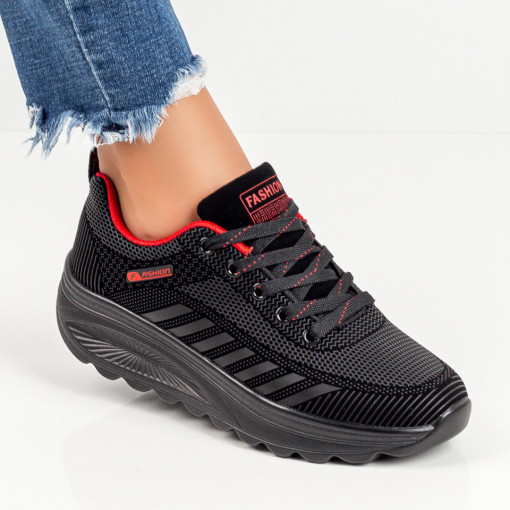 Adidasi dama, Pantofi sport negru cu rosu dama si siret ZEF01616 - zeforia.ro