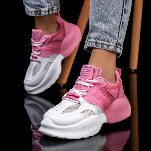 Pantofi sport roz inchis cu alb dama cu talpa groasa MDL05738