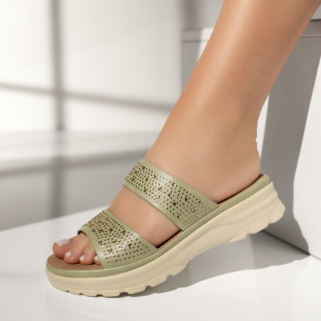 Papuci casual dama cu pietre aplicate verzi ZEF13505