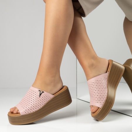Papuci casual dama cu platforma si perforatii roz din Piele naturala MOD14312, 2, modlet.ro