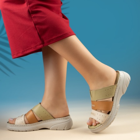 Papuci dama casual bej cu insertie de material elastic din Piele naturala MOD13772