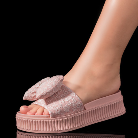 Papuci dama cu fundita si pietre aplicate roz MDL09465