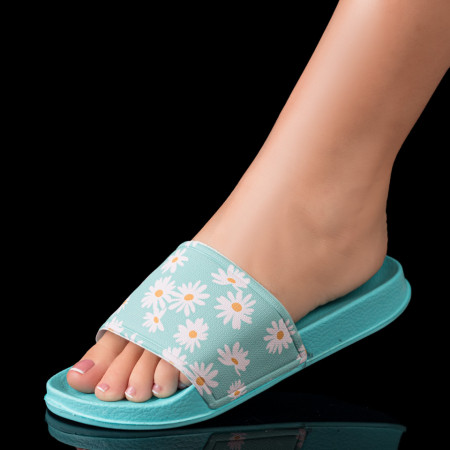 Papuci si slapi dama, Papuci dama cu model floral albastri MOD09001, modlet.ro