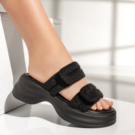 Papuci dama cu platforma si pietre aplicate negri suede MOD13520, 4, modlet.ro