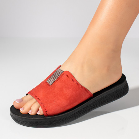 Papuci dama cu talpa joasa si aplicatie de pietre rosii MOD11441