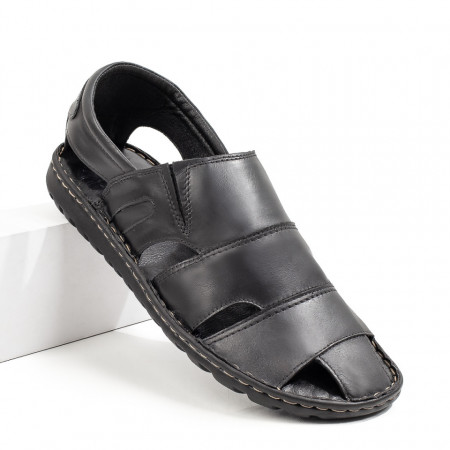 Sandale barbati cu insertie de material elastic negre din Piele naturala MDL09022