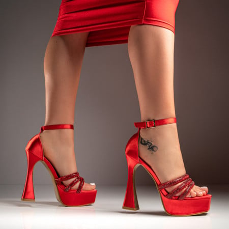 Sandale cu toc, Sandale cu barete rosii dama cu toc gros si platforma ZEF05651 - zeforia.ro