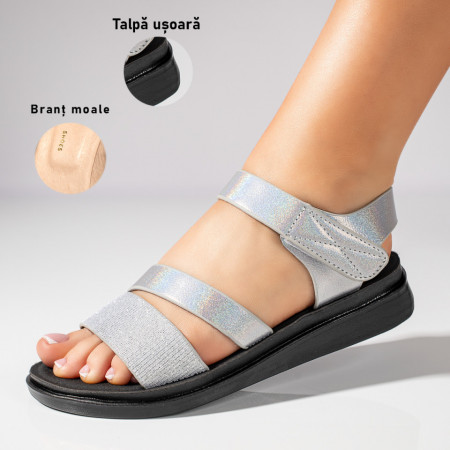 Sandale cu talpa joasa dama cu glitter argintii MOD04521, 3, modlet.ro