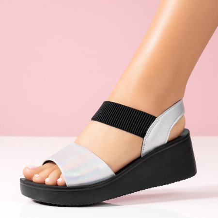 Sandale dama, Sandale dama argintii cu platforma si bareta elastica MOD04190, modlet.ro
