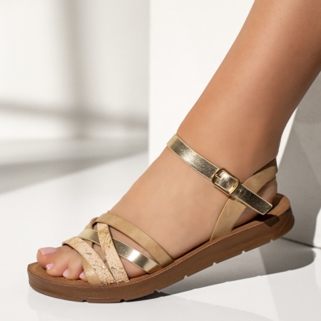 Sandale joase dama, Sandale dama cu bareta bej cu auriu MOD11613, modlet.ro