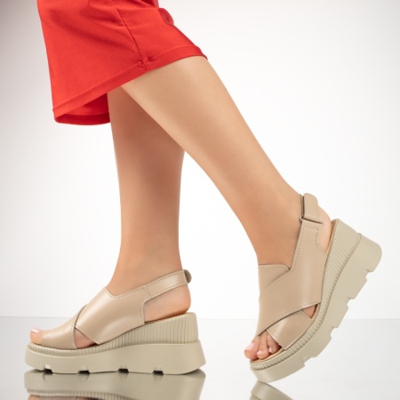 Incaltaminte dama, Sandale dama cu platforma bej inchis din Piele naturala MOD13279, modlet.ro