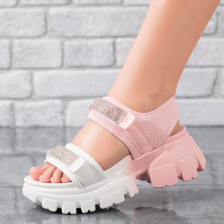 Sandale dama, Sandale dama cu talpa groasa si pietre aplicate albe cu roz MOD08940, modlet.ro