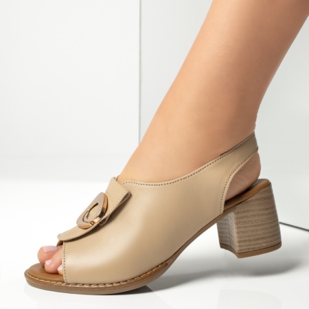 Sandale dama cu toc gros si accesoriu metalic bej din Piele naturala ZEF13651, 2, zeforia.ro