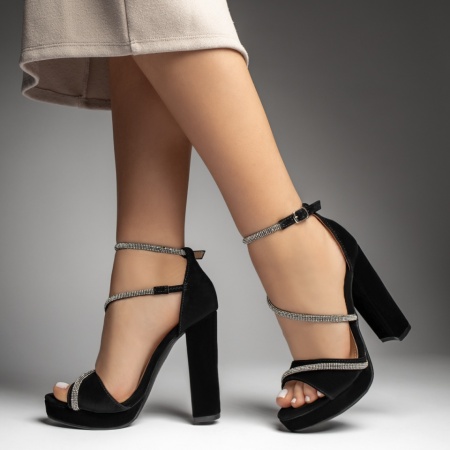 Sandale dama cu toc gros si strasuri aplicate negru suede ZEF13535