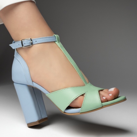 Sandale dama cu toc gros verzi cu albastru suede din Piele Naturala ZEF13471, 3, zeforia.ro