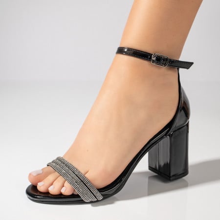 Sandale cu toc gros, Sandale dama cu toc si pietre aplicate negre ZEF08797 - zeforia.ro