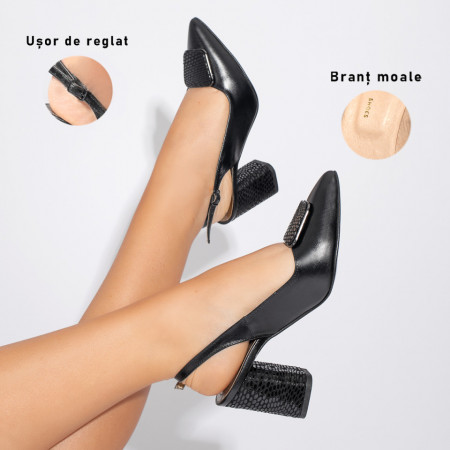 Sandale negre dama cu toc gros si accesoriu MOD11258, 3, modlet.ro