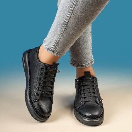 Tenisi dama cu siret elastic si talpa groasa negri MOD08037