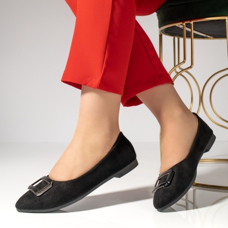 Balerini si Mocasini Dama, Balerini dama cu accesoriu decorativ negru suede MOD11184, modlet.ro
