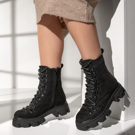 Bocanci dama, Bocanci dama cu siret si fermoar negru suede MOD12642, modlet.ro