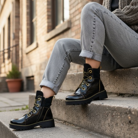 Bocanci dama negru cu galben luciosi Piele naturala MOD0392, 2, modlet.ro