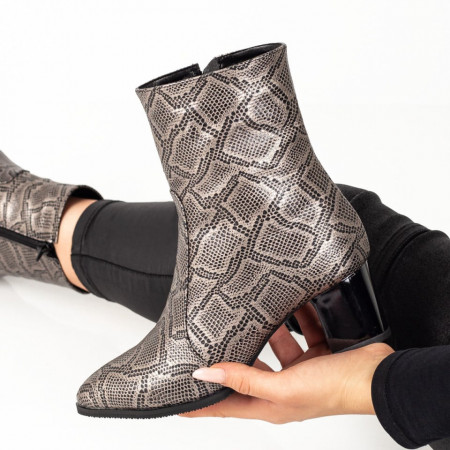 Botine cu toc dama gri cu print din Piele naturala MOD07592, 3, modlet.ro