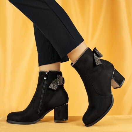 Botine dama cu fundita si toc gros negru suede MOD14085, 3, modlet.ro