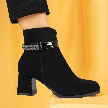 Botine dama cu toc gros si accesoriu metalic negru suede MOD07097, 3, modlet.ro