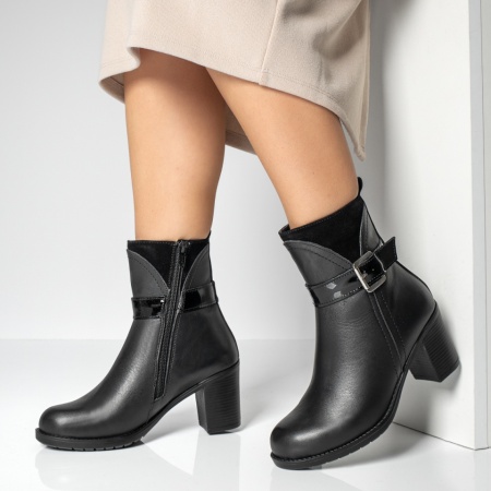 Botine dama, Botine dama cu toc gros si catarama negre din Piele naturala MOD12419, modlet.ro