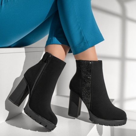 Botine dama, Botine dama negre cu toc gros MOD12908, modlet.ro