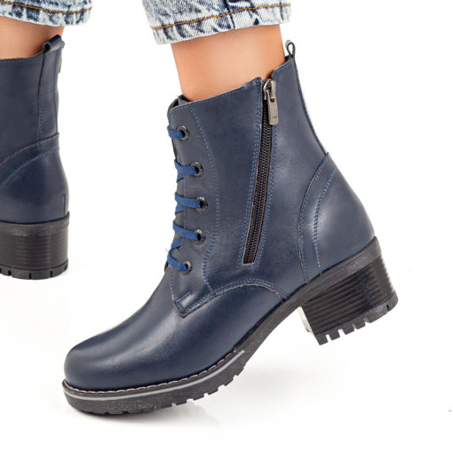 Cizme albastre dama cu siret si toc gros din Piele naturala MOD05617