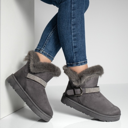 Cizme dama scurte cu blanita si catarama gri suede MOD10704, 3, modlet.ro