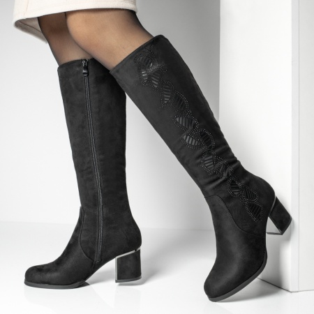 Cizme lungi dama cu strasuri aplicate si fermoar negru suede MOD14136, 2, modlet.ro