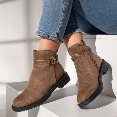 Ghete dama cu fermoar si accesoriu metalic maro suede MOD12244, 2, modlet.ro