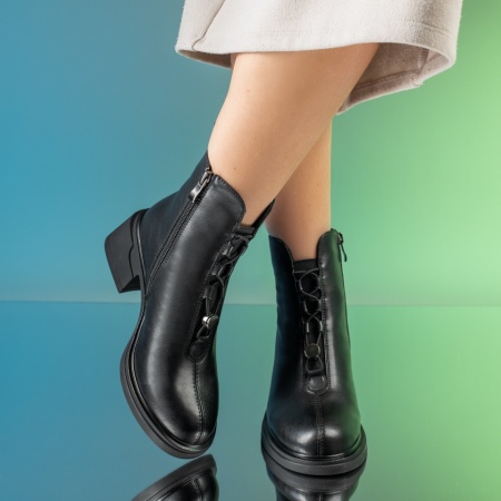 Ghete dama cu siret elastic si toc gros negre din Piele naturala MOD14038, 3, modlet.ro