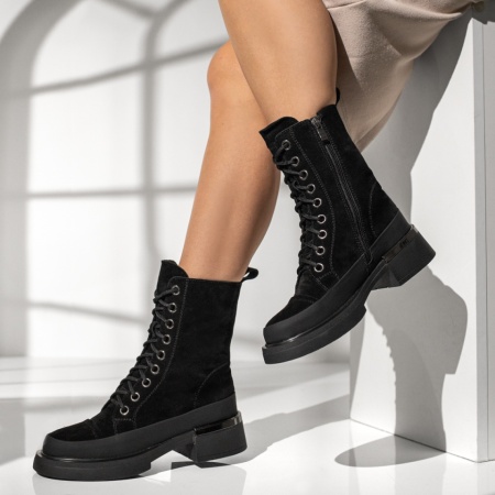 Ghete dama cu siret si fermoar negru suede din Piele naturala MOD14054, 2, modlet.ro