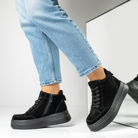 Ghete dama cu siret si talpa groasa negru suede din Piele naturala MOD14014, 2, modlet.ro