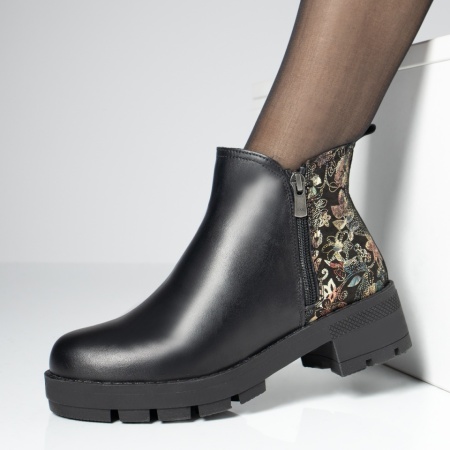 Ghete dama cu talpa groasa si imprimeu floral negre din Piele naturala MOD05613, 3, modlet.ro
