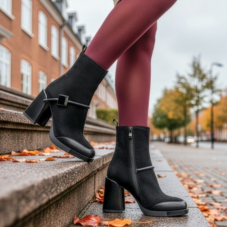 Ghete dama cu toc gros si fermoar negru suede din Piele naturala MOD14053, 2, modlet.ro