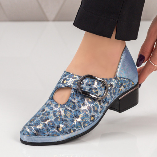 Pantofi casual dama albastri cu toc mic si catarama din Piele naturala MDL03565